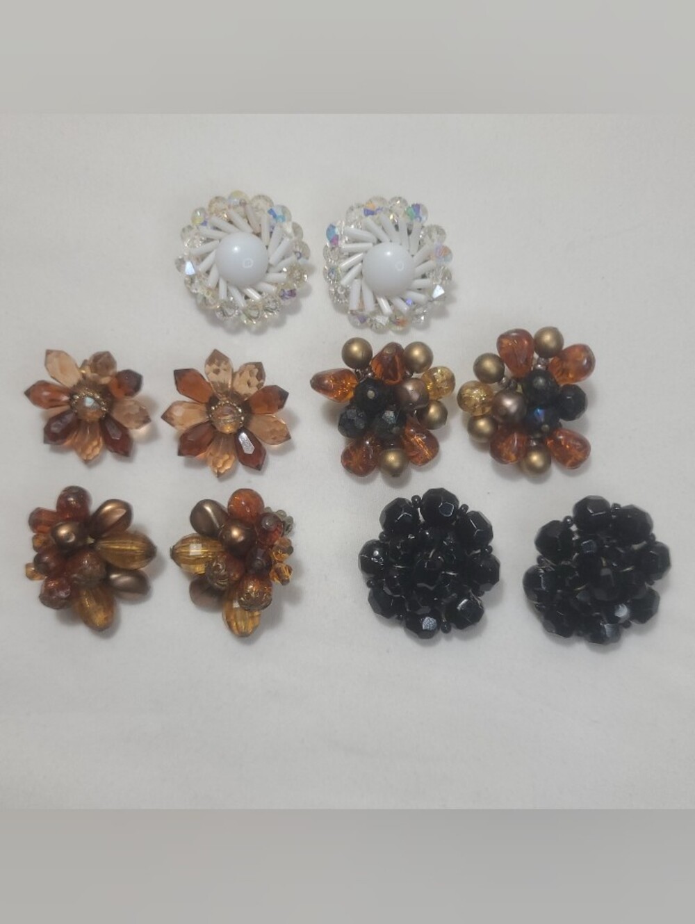 Lot of 5 West Germany Beaded Cluster Clip On Earrings Milk Glass Black Amber